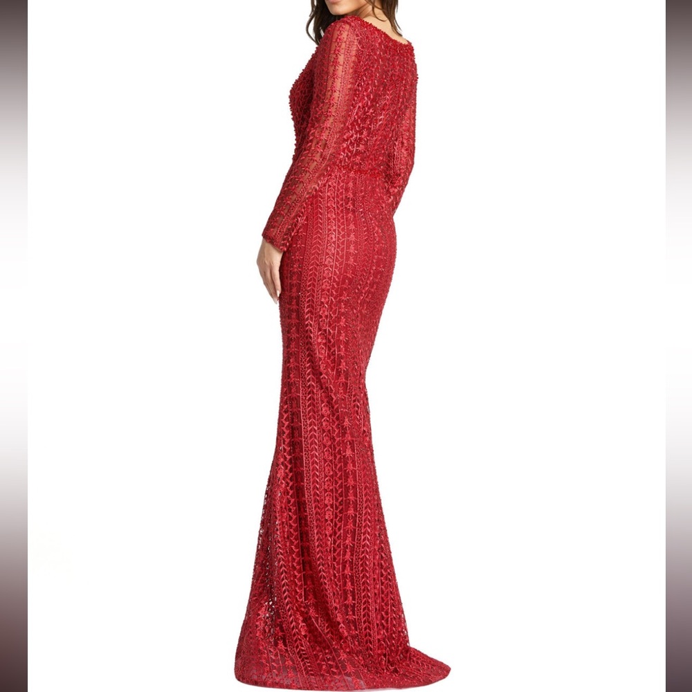 NWT Mac Duggal Sz 20 Red Lace Long Sleeve V-Neck Evening Gown 20271 - Picture 3 of 11